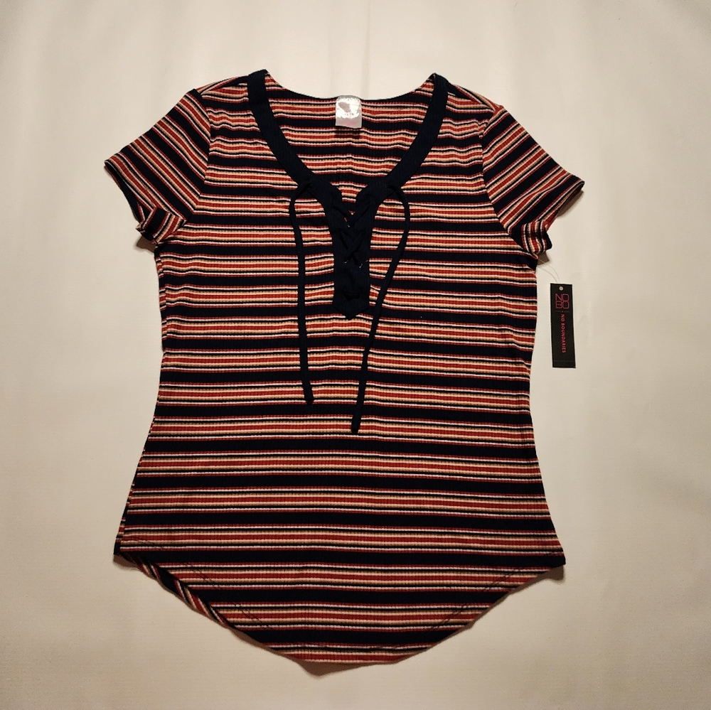 No Boundaries Shirt Juniors Large Multicolor Striped V-Neck Short Sleeve Tee NWT